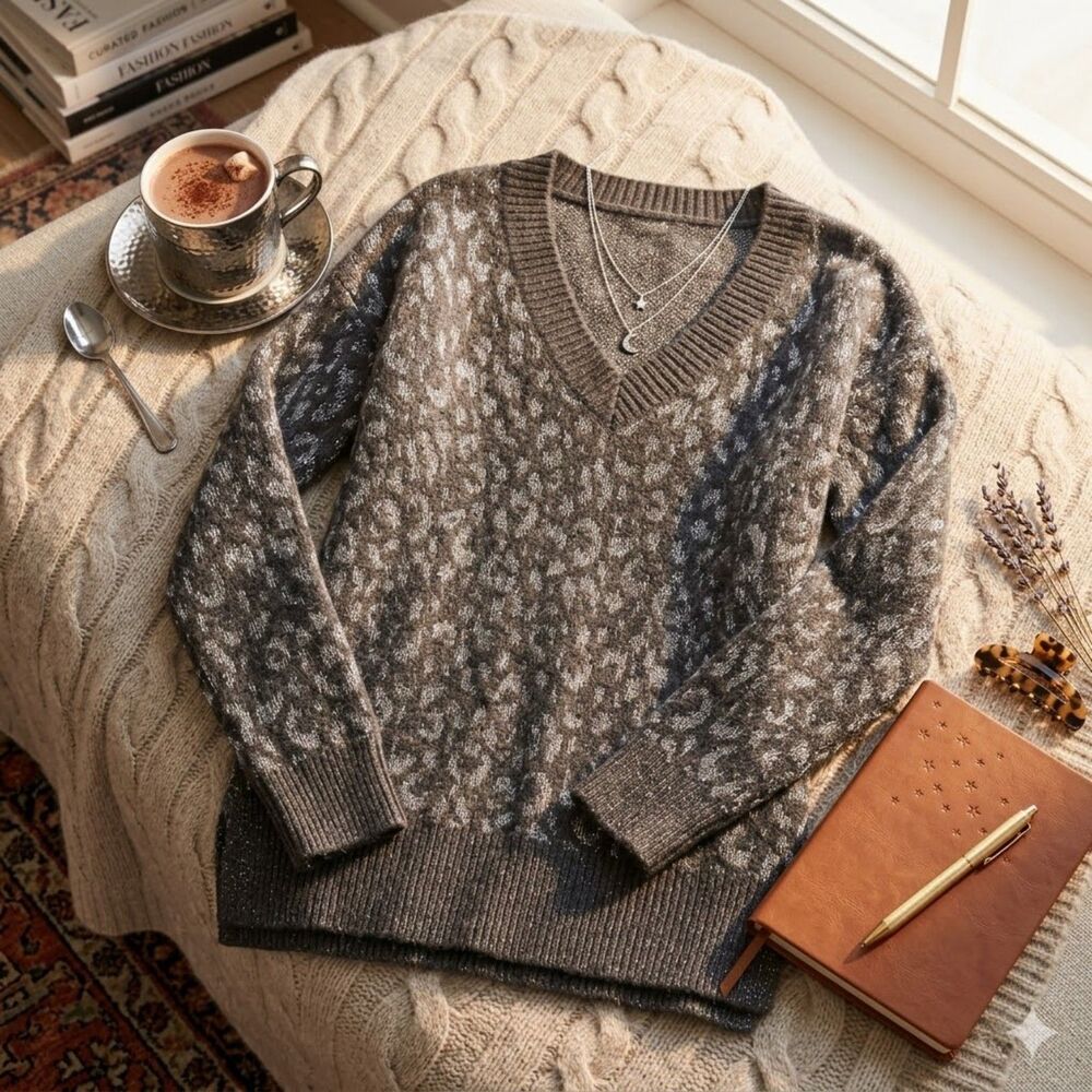 Nine West Metallic Leopard Print V-Neck Tunic Sweater Gray Silver M EUC